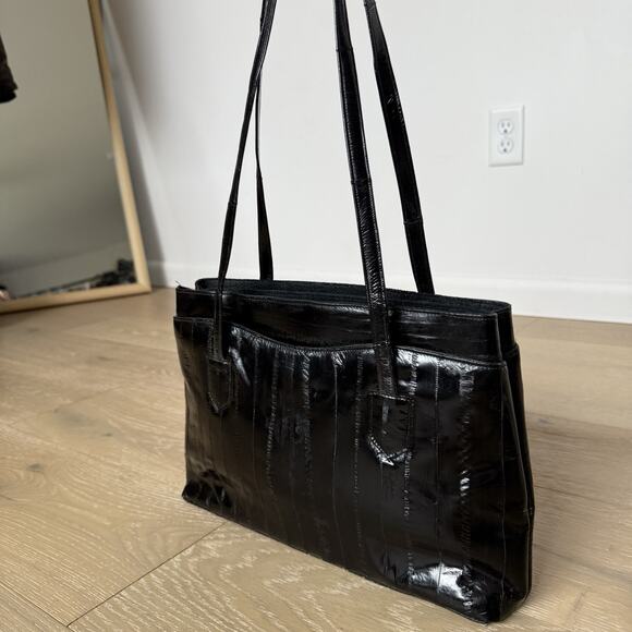 Vintage Genuine Eel Skin Leather glossy ribbed Black Shoulder Bag Purse - Picture 2 of 8